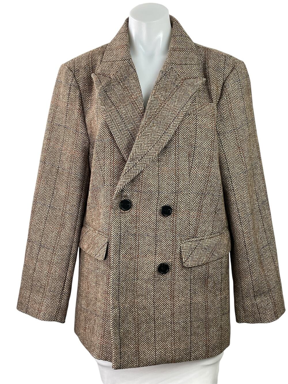 Anthropologie Women's Brown Herringbone Double Breasted Blazer Coat Jacket Sz 10